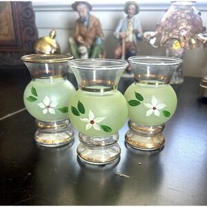 Bartlett Collins Green Frosted Bud Vases Set 3 Hand Painted Floral Vintage